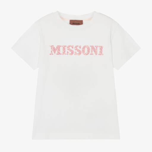 Missoni-Girls White Cotton Embroidered T-Shirt | Childrensalon