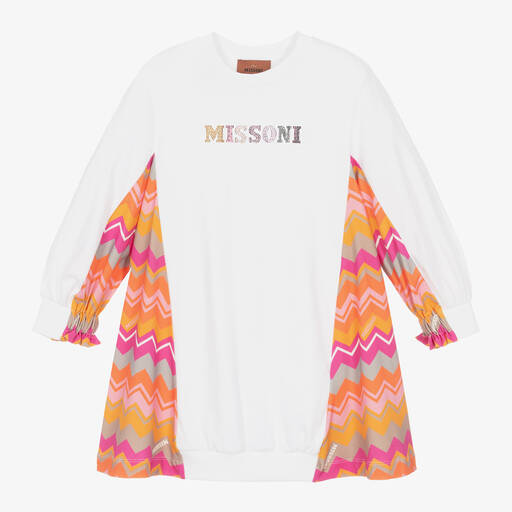 Missoni-Girls White Cotton Zigzag Dress | Childrensalon