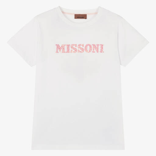 Missoni-Teen Girls White Cotton Embroidered T-Shirt | Childrensalon