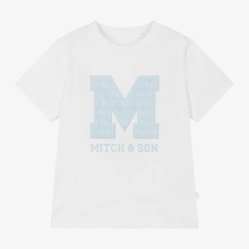 Mitch & Son-Boys White & Pale Blue Cotton T-Shirt | Childrensalon