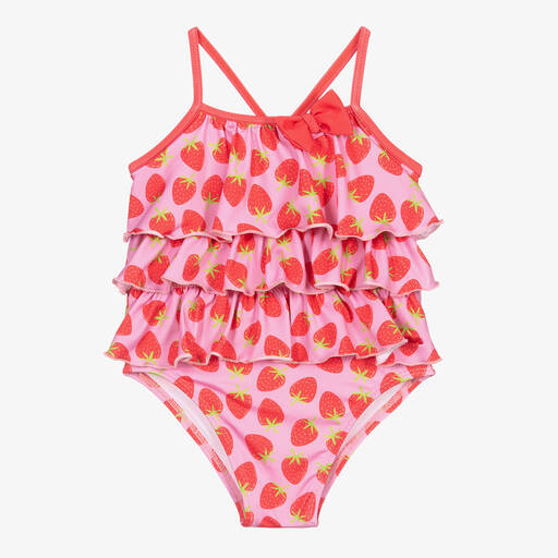Mitty James-Girls Pink Strawberry Ruffle Swimsuit (UPF50+) | Childrensalon