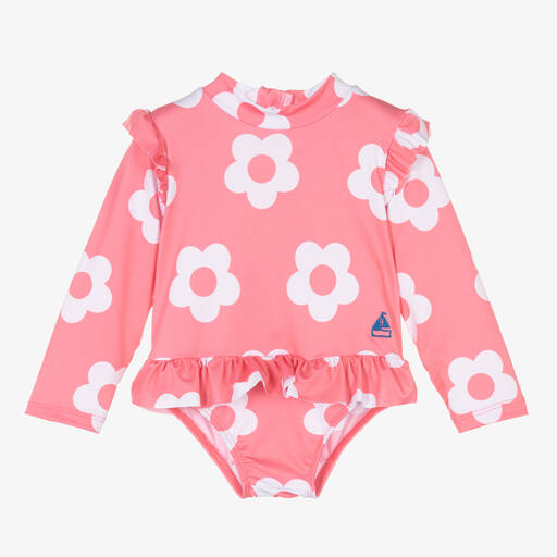 Mitty James-Girls Pink & White Flower Swimsuit (UPF50+) | Childrensalon