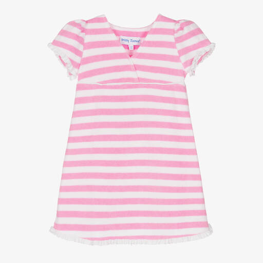 Mitty James-Girls Pink & White Striped Towelling Dress | Childrensalon