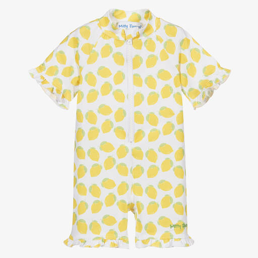 Mitty James-Girls White Lemon Sun Suit (UPF 50+) | Childrensalon
