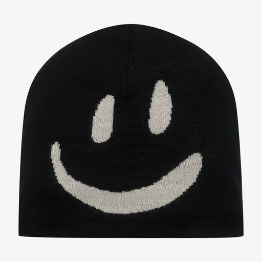 Molo-Black Wool Knit Smiling Face Beanie Hat | Childrensalon