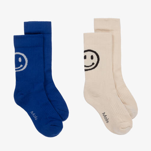 Molo-Blue & Beige Happy Face Cotton Socks (2 Pack) | Childrensalon