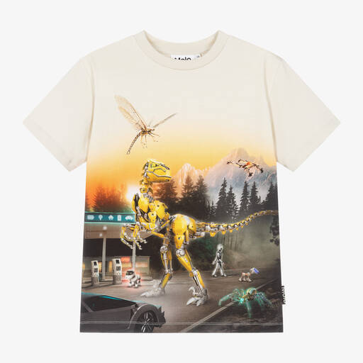 Molo-Boys Beige Cotton Virtual Dinosaur T-Shirt | Childrensalon