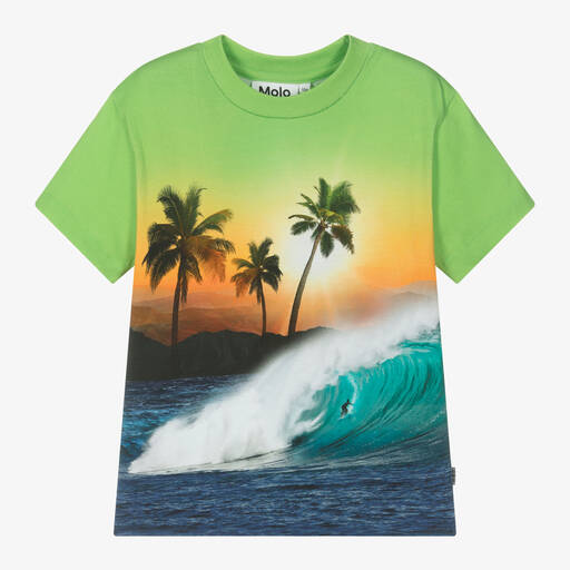 Molo-Boys Green Cotton Surf Print T-Shirt | Childrensalon
