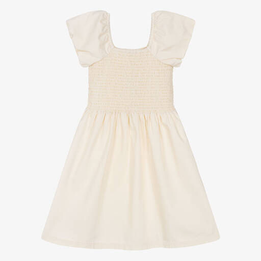 Molo-Girls Beige Shirred Organic Cotton Dress | Childrensalon