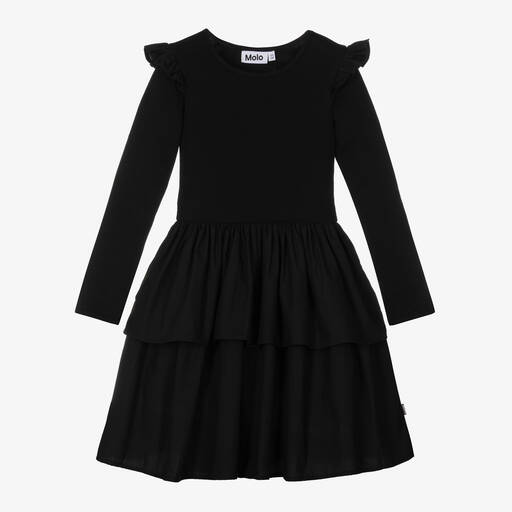 Molo-Girls Black Organic Cotton Tiered Dress | Childrensalon