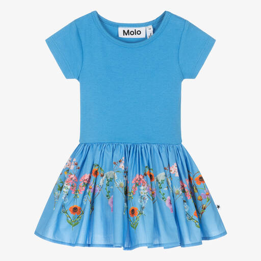 Molo-فستان أطفال بناتي قطن عضوي لون أزرق بطبعة ورود | Childrensalon