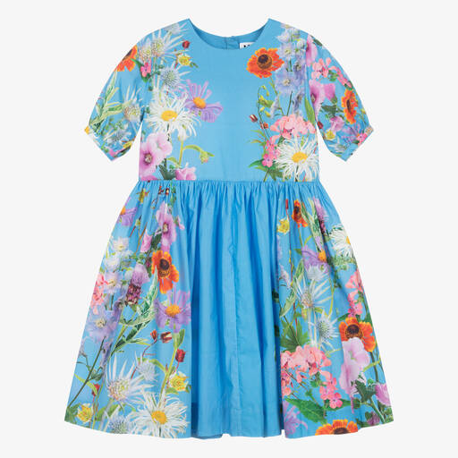 Molo-Girls Blue Floral Organic Cotton Dress  | Childrensalon
