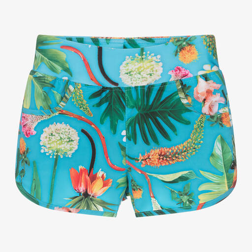 Molo-Girls Blue Floral Swim Shorts (UPF50+) | Childrensalon