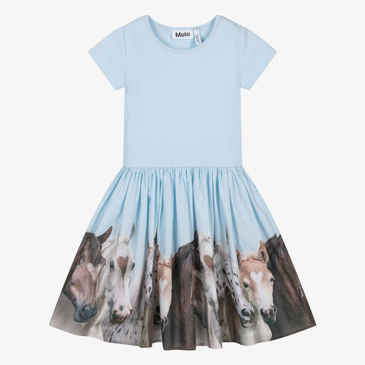 Molo-Girls Blue Horse Organic Cotton Dress | Childrensalon