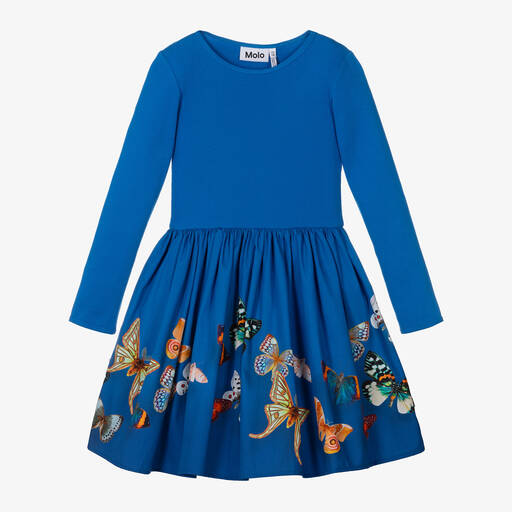 Molo-Girls Blue Organic Cotton Butterfly Dress | Childrensalon