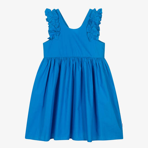 Molo-Girls Blue Organic Cotton Ruffle Dress | Childrensalon