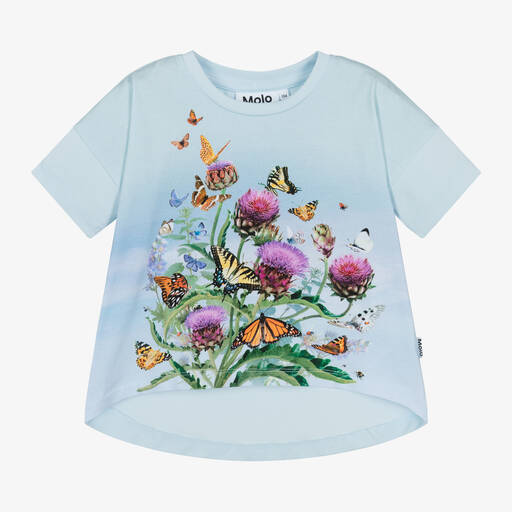 Molo-Girls Blue Organic Cotton T-Shirt | Childrensalon
