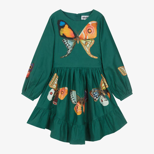 Molo-Girls Green Cotton Butterfly Print Dress | Childrensalon