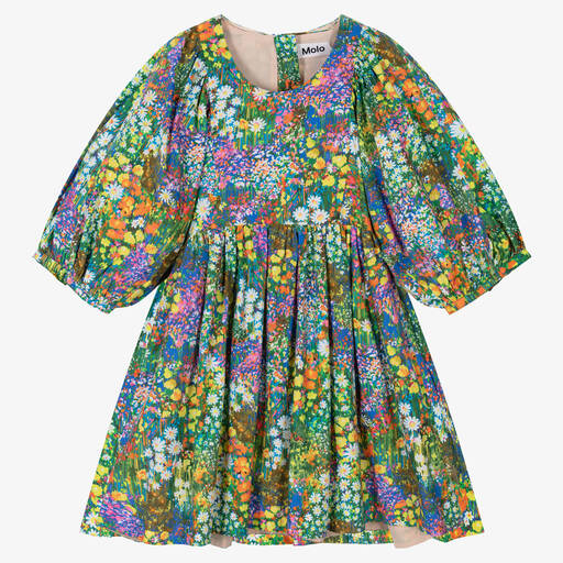 Molo-Girls Green Floral Cotton Dress | Childrensalon