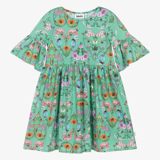 Molo-Girls Green Floral Cotton Jersey Dress | Childrensalon