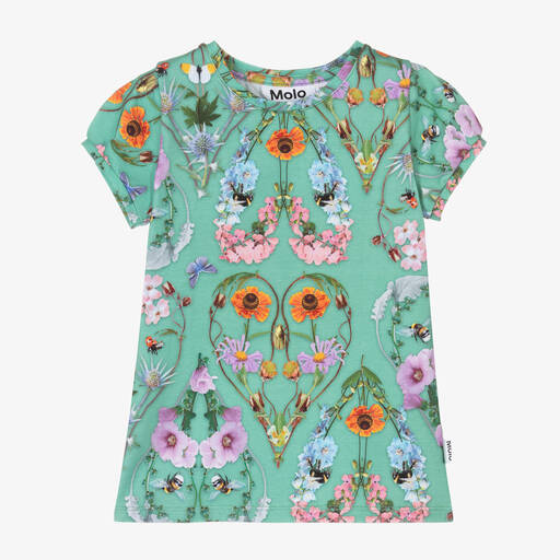 Molo-Girls Green Floral Cotton T-Shirt | Childrensalon