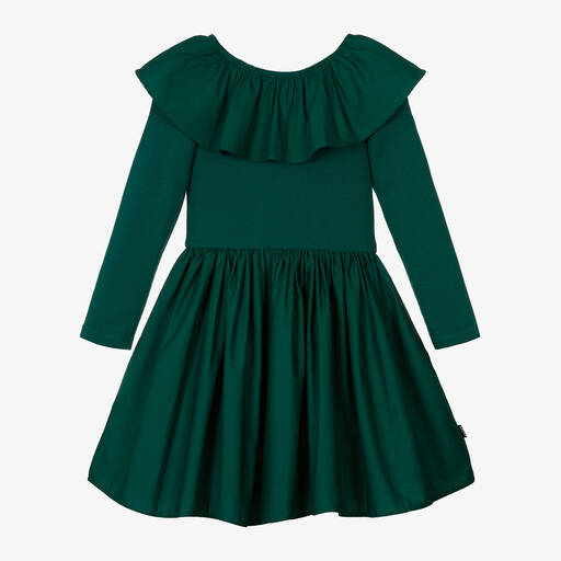 Molo-Girls Green Organic Cotton Ruffle Dress | Childrensalon