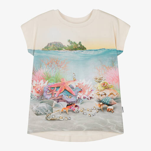 Molo-Girls Ivory Cotton Shell-Print T-Shirt | Childrensalon