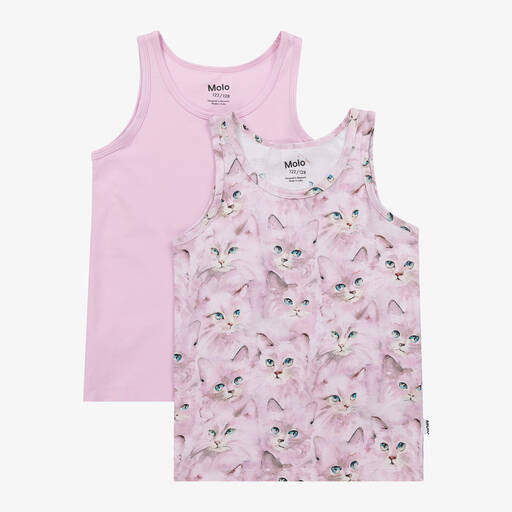 Molo-Girls Pink Cotton Kitten Vests (2 Pack) | Childrensalon