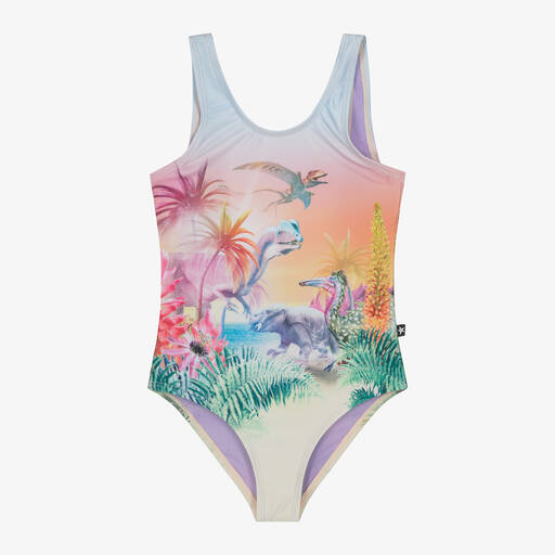 Molo-Girls Pink Dinosaur Print Swimsuit (UPF50+) | Childrensalon