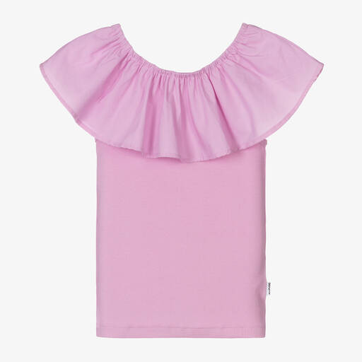 Molo-Girls Pink Organic Cotton Ruffle Top | Childrensalon