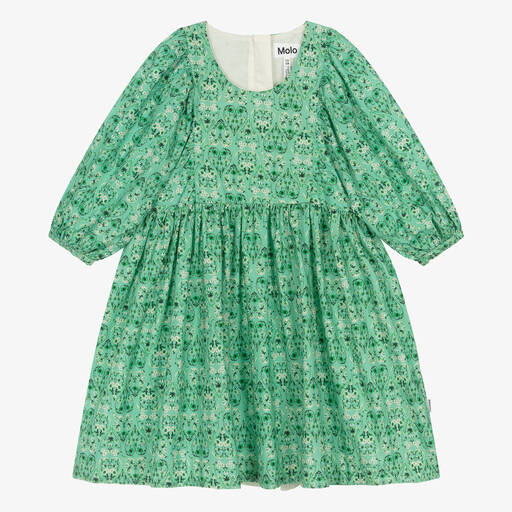 Molo-فستان بطبعة ورود وقلوب قطن عضوي لون أخضر | Childrensalon