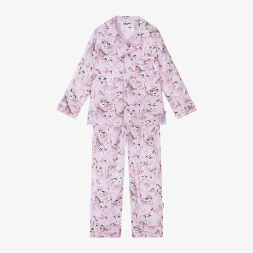 Molo-Pink Organic Cotton Cat Print Pyjamas | Childrensalon