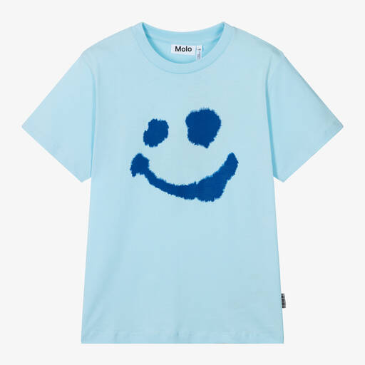 Molo-Teen Boys Blue Smiling Face Cotton T-Shirt | Childrensalon