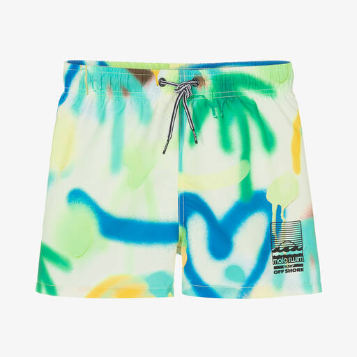 Molo-Teen Boys Green Spray Print Swim Shorts (UPF50+) | Childrensalon