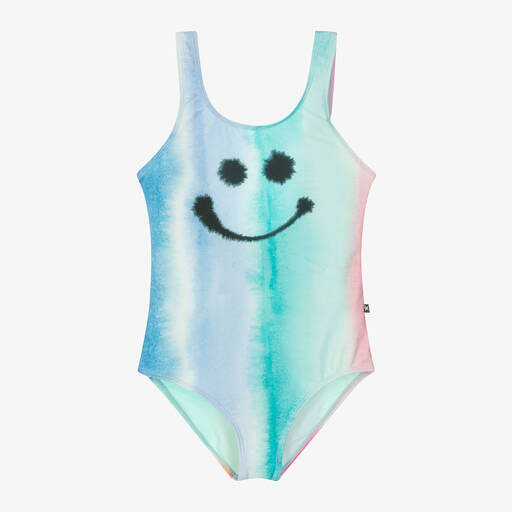 Molo-Teen Girls Blue Happy Face Swimsuit (UPF50+) | Childrensalon