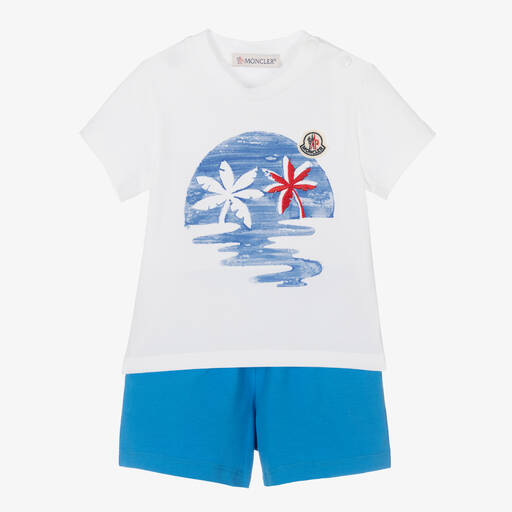 Moncler Enfant-Белая футболка и голубые шорты из хлопка | Childrensalon