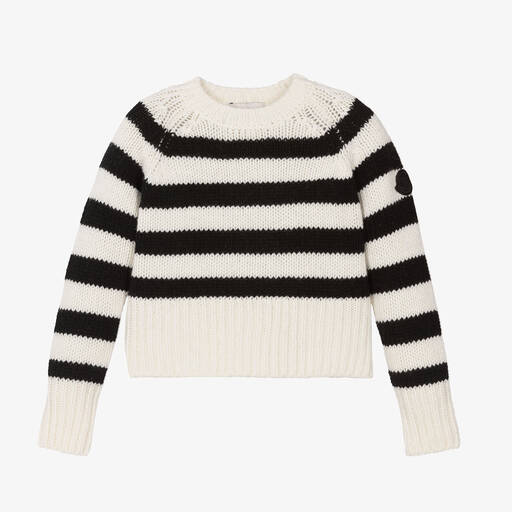 Moncler Enfant-Girls Ivory & Black Stripe Wool Sweater  | Childrensalon