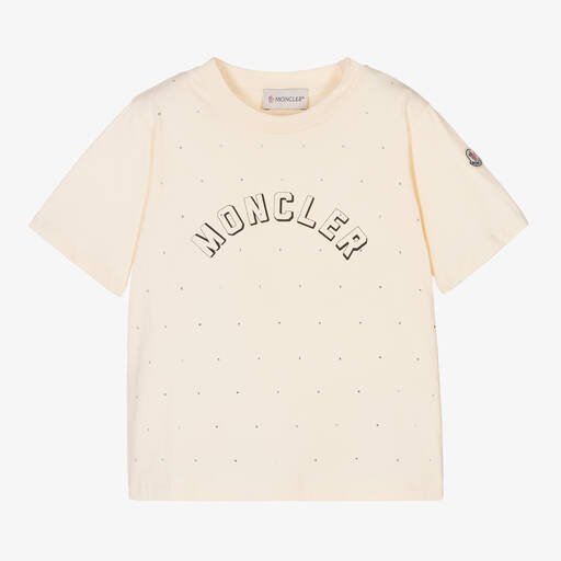 Moncler Enfant-Girls Ivory Cotton Diamanté T-Shirt | Childrensalon