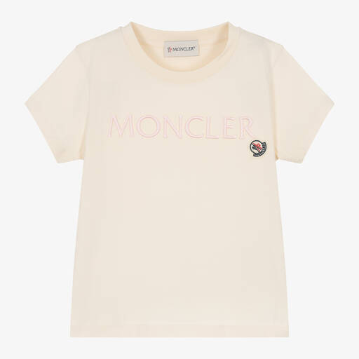 Moncler Enfant-Кремовая хлопковая футболка с вышивкой для девочек | Childrensalon