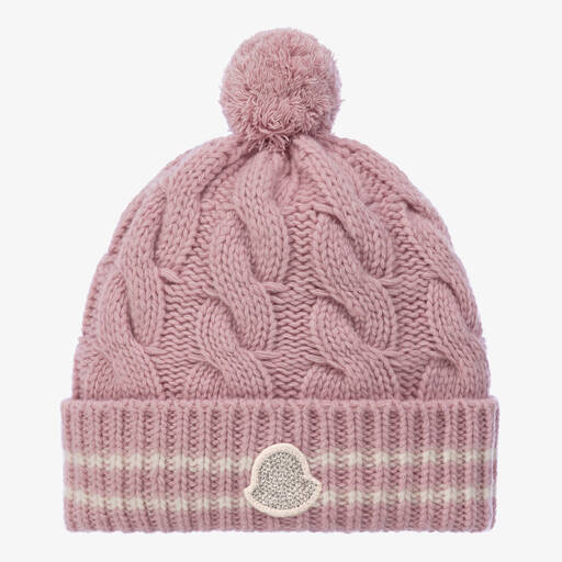 Moncler Enfant-Girls Pink Wool Cable Knit Bobble Hat | Childrensalon
