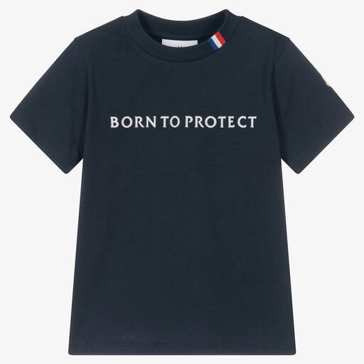Moncler Enfant-Navy Blue Cotton Slogan T-Shirt | Childrensalon