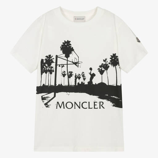 Moncler Enfant-Teen Boys Ivory Cotton Basketball T-Shirt | Childrensalon