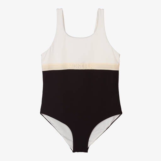 Moncler Enfant-Teen Girls Ivory & Black Logo Swimsuit | Childrensalon