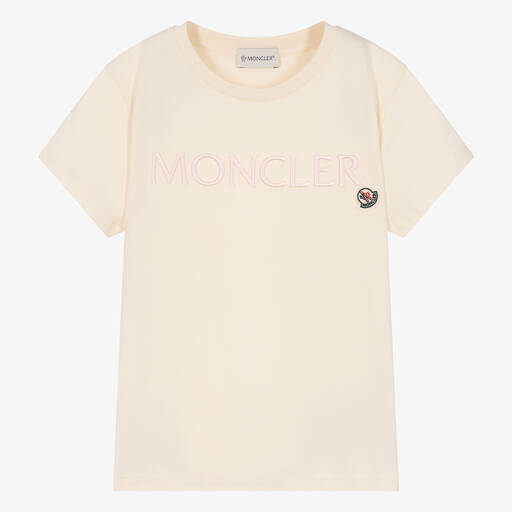 Moncler Enfant-Кремовая хлопковая футболка с вышивкой для девочек-подростков | Childrensalon