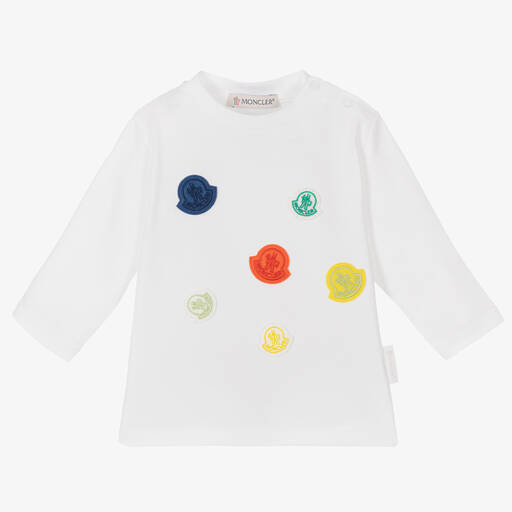 Moncler Enfant-White Cotton Multi Logo Top | Childrensalon