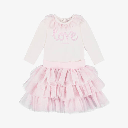 Monnalisa-Baby Girls Ivory Jersey & Tulle Skirt Set | Childrensalon