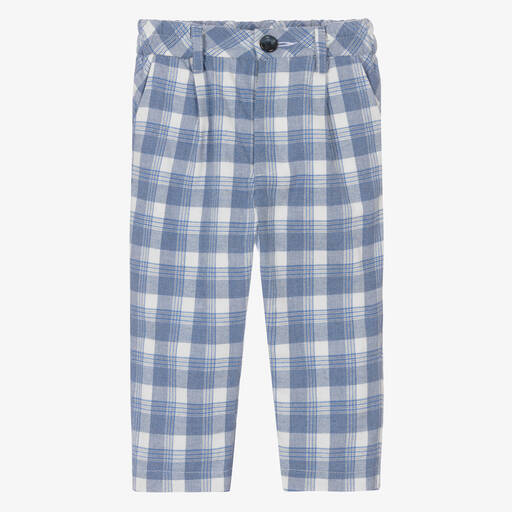 Monnalisa-Boys Blue Checked Cotton Trousers | Childrensalon