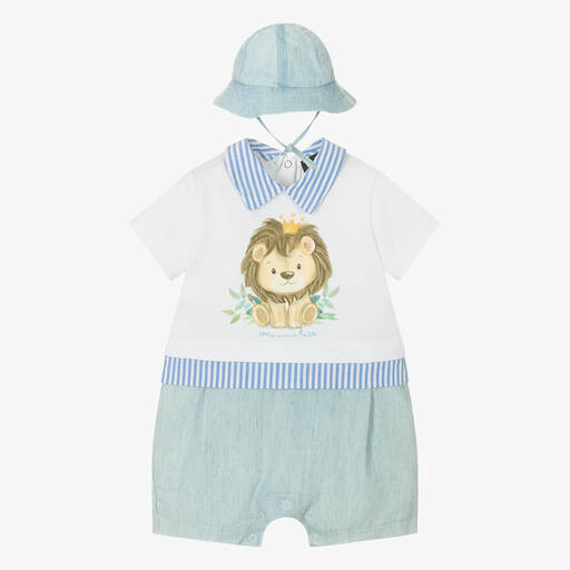 Monnalisa-Boys Blue Cotton & Linen Babysuit Set | Childrensalon