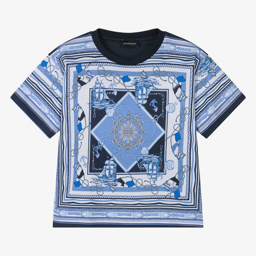 Monnalisa-Boys Blue Cotton Nautical Print T-Shirt | Childrensalon