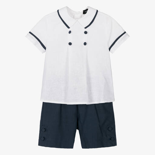 Monnalisa-Boys Blue & White Cotton & Linen Shorts Set | Childrensalon